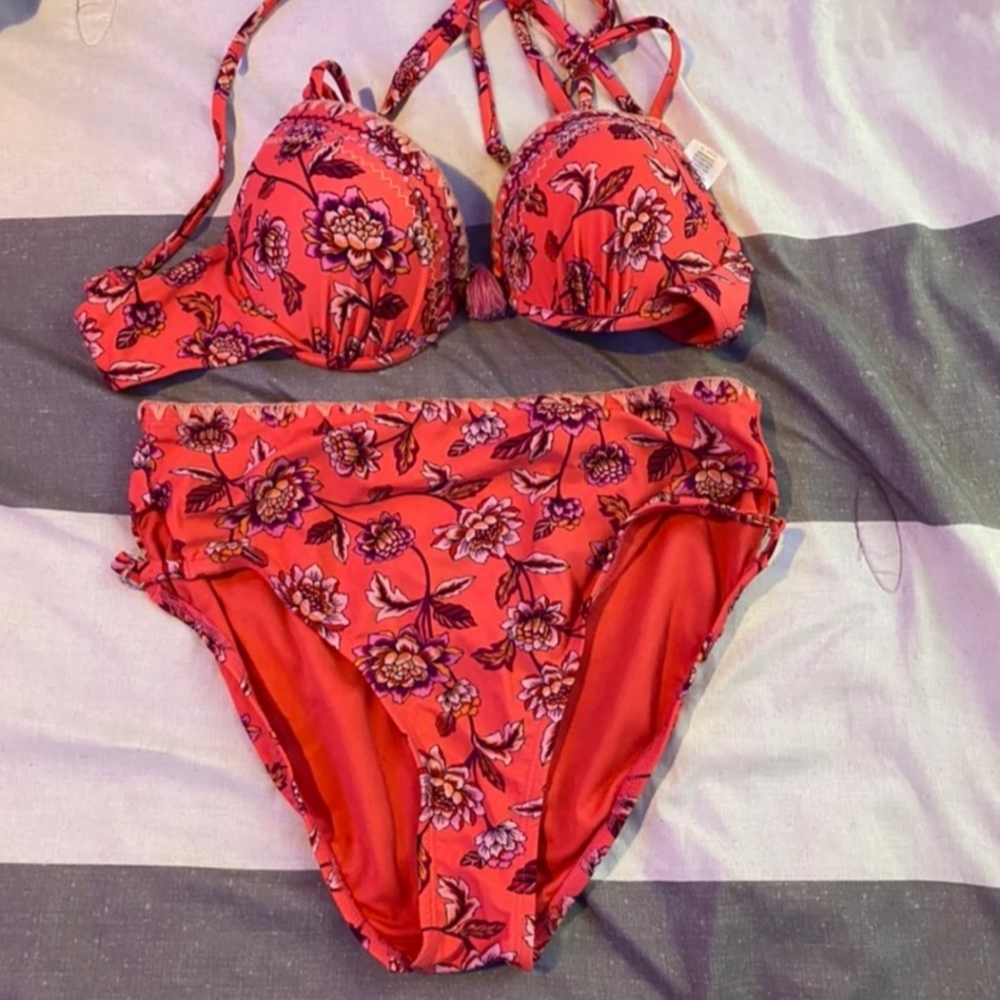 Two Piece Red Floral Bikini